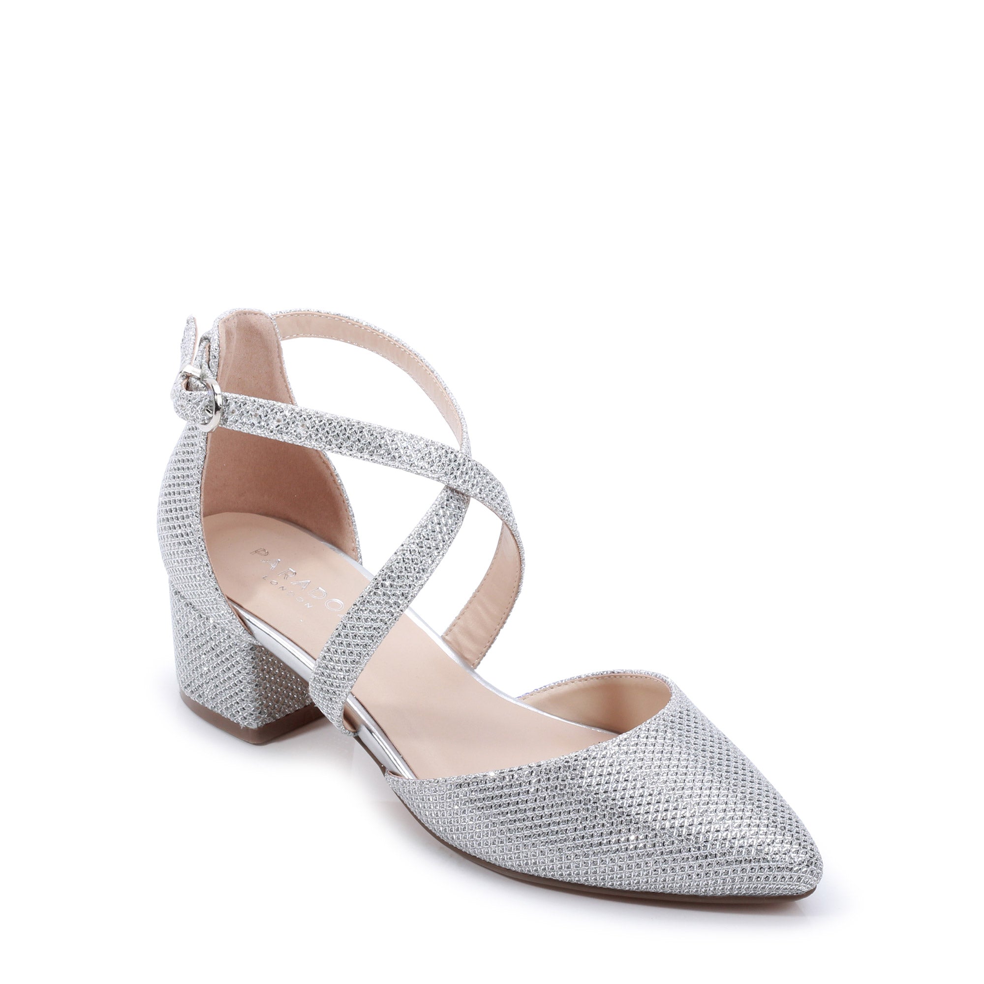 Francis Silver Glitter Wide Fit Low Block Heel Shoes Paradox