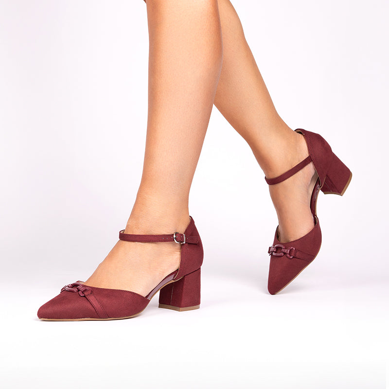 Farina Burgundy Wide Fit Mid Block Heel Ankle Strap Heel