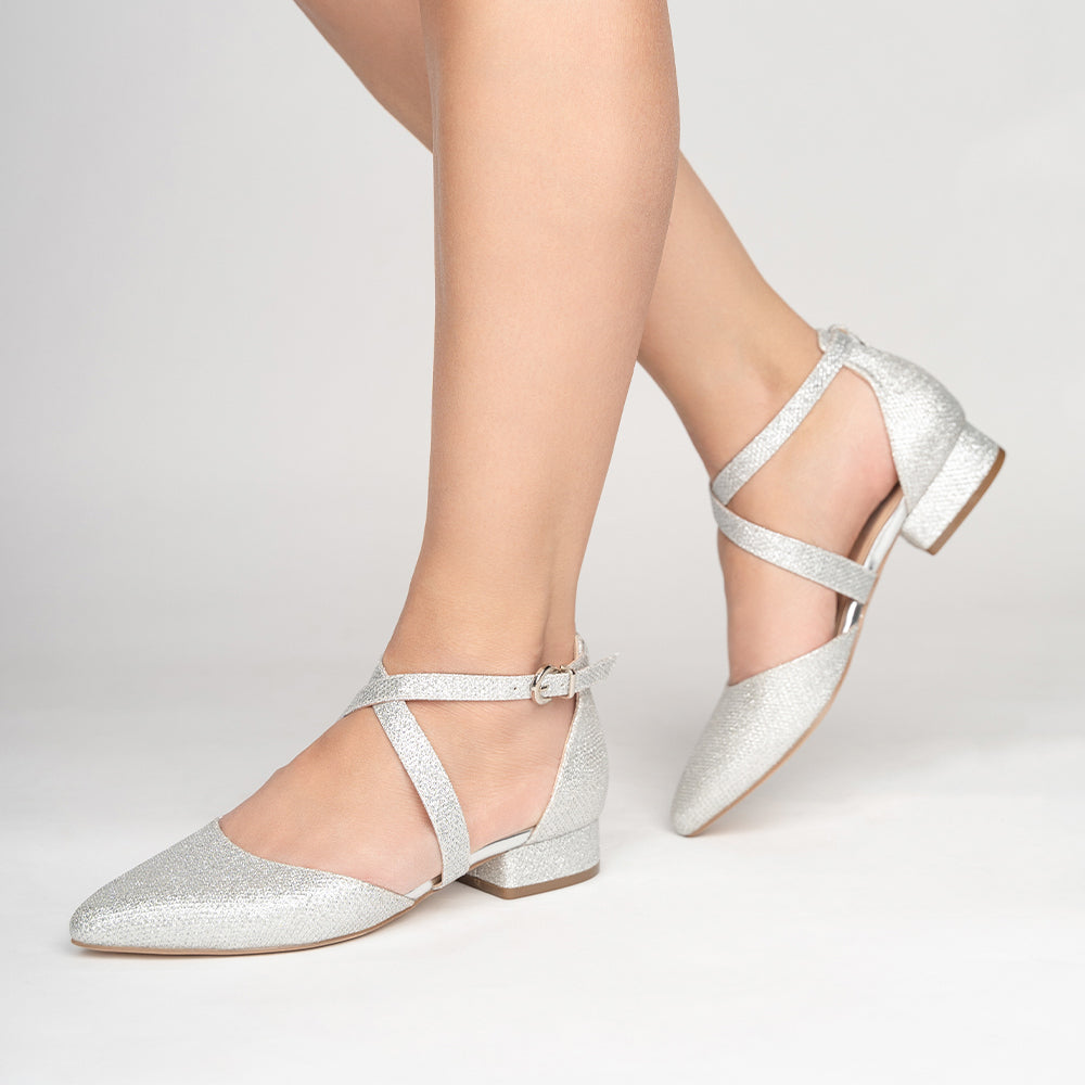 Inaya Silver Glitter Low Block Heel Court Shoes Paradox London