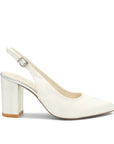 Alston Wedding Shoes – sophisticated Dyeable Wedding Shoes in ivory satin featuring a sleek almond toe, elegant slingback strap with adjustable buckle, and a tall block heel, perfect for brides seeking timeless and customizable bridal footwear.