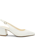 Bessy Wide Fit Wedding Shoes Low Heel Wedding Shoes – classic ivory wide-fit bridal slingback shoes with a low block heel, pointed toe, and adjustable buckle strap, designed for elegant comfort on your wedding day.