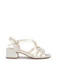 Bethany Wide Fit Wedding Sandals – stylish Dyeable Wedding Shoes in ivory satin featuring elegant cross-over front straps, an adjustable ankle buckle, and a comfortable low block heel, designed for brides seeking chic and supportive wide fit bridal sandals.