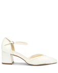 Charla Wedding Shoes – classic ivory Wedding Heels featuring delicate lace detailing, a rounded closed toe, adjustable ankle strap with buckle fastening, and a sturdy mid block heel for elegant bridal comfort.