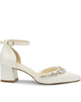 Cinta Wedding Shoes – elegant Dyeable Wedding Shoes in ivory satin featuring a pointed toe, crystal-embellished vamp, secure ankle strap with buckle closure, and a sturdy mid block heel, perfect for brides seeking customizable bridal footwear.