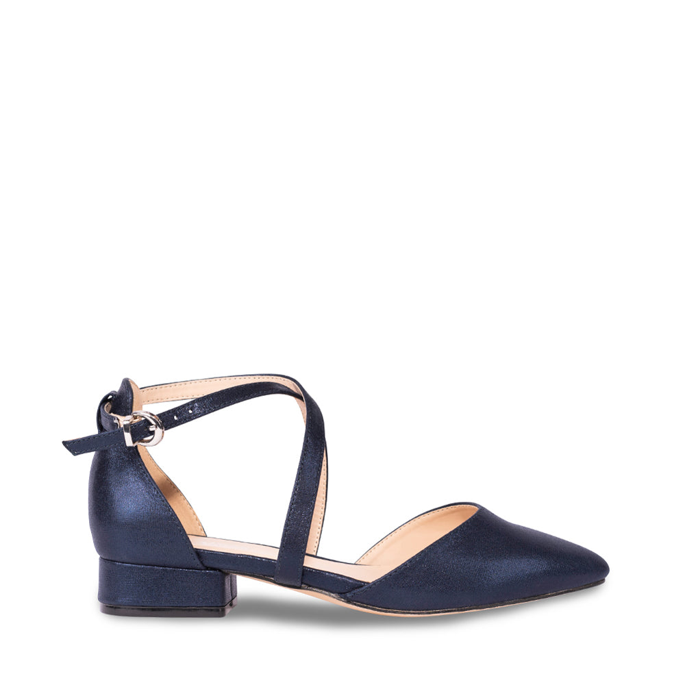 Irene Navy Shimmer Low Heel Open Court Shoes Paradox London
