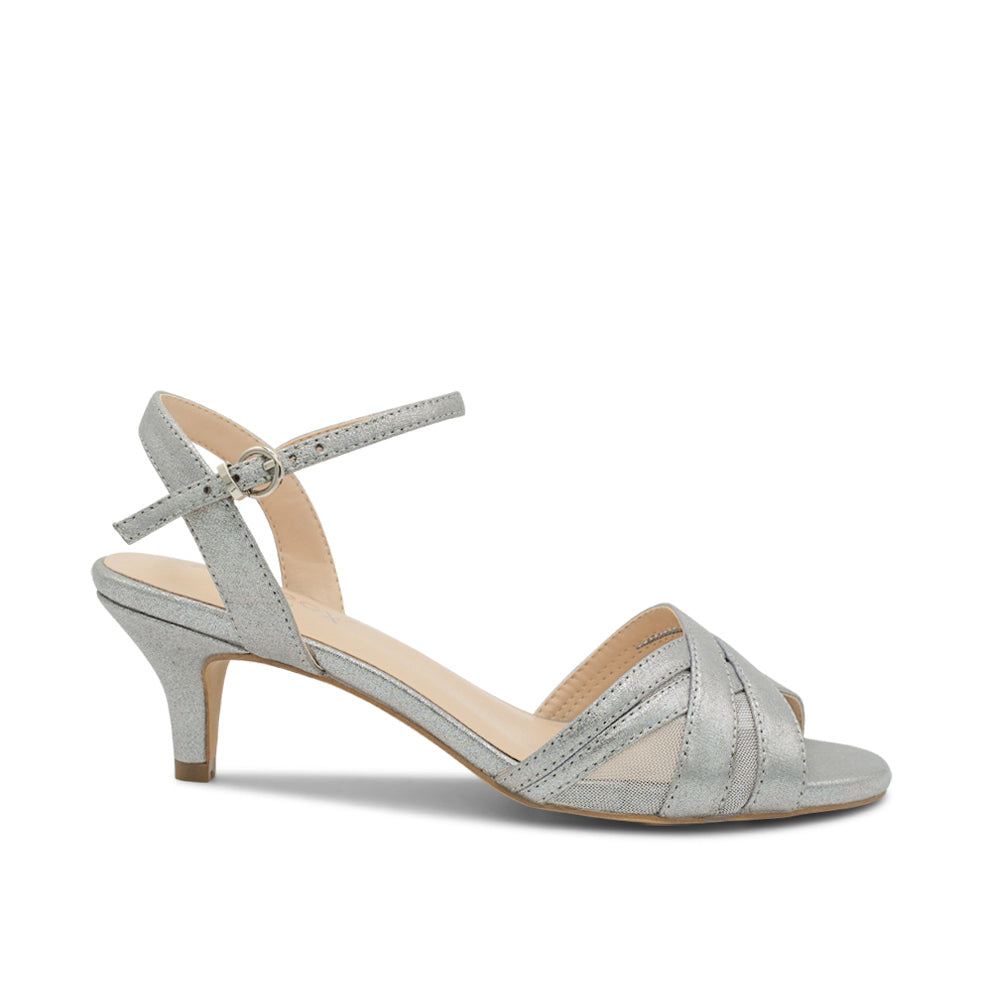 Mowenna Silver Dark Shimmer Mid Heel Sandals Paradox London