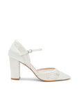 Amalie Wedding Shoes – romantic ivory Wedding Heels featuring delicate lace panels with subtle bead embellishments, a pointed toe, adjustable ankle strap with buckle fastening, and a sturdy block heel for elegant bridal style and support.