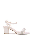 Adorn Wide Fit Wedding Sandals Low Heel Wedding Shoes – elegant ivory wide fit bridal sandals with a low block heel, delicate ankle straps, and sparkling beaded embellishment on the front for a stylish and comfortable wedding look.