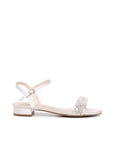Flat Wedding shoes – Amaryllis Wedding Sandals, satin jewel detail flat sandals featuring a low heel, ankle strap, and embellished front strap in elegant ivory white, shown in side view.
