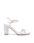 Aurielle Wedding Sandals – timeless white Wedding Heels featuring a minimalist open-toe design, sleek ankle strap with adjustable buckle, and a sturdy mid-height block heel for a modern and elegant bridal style.