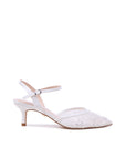 Alaria Lace Wedding Shoes – elegant Low Heel Wedding Shoes featuring delicate lace detailing with subtle bead embellishments, a pointed toe design, adjustable ankle strap, and a comfortable kitten heel for a graceful bridal look.