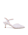 Alaria Lace Wedding Shoes – elegant Low Heel Wedding Shoes featuring delicate lace detailing with subtle bead embellishments, a pointed toe design, adjustable ankle strap, and a comfortable kitten heel for a graceful bridal look.