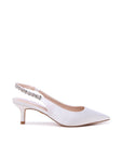 Angelique Slingback Wedding Heels – stylish Low Heel Wedding Shoes with a pointed toe, smooth satin finish, and sparkling crystal-embellished slingback strap, designed with a comfortable kitten heel for an elegant bridal look.