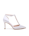 Wedding Heels – Arabella Stiletto Wedding Heels in ivory satin featuring a pointed toe, slim stiletto heel, ankle strap with buckle fastening, and crystal-embellished T-bar detail, shown in side profile.