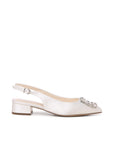 Flat Wedding shoes – Bejeweled Wide Fit Wedding Shoes, jewel detail wedding shoe in ivory satin with slingback strap, low block heel, and sparkling crystal embellishment on the pointed toe, shown in side view.