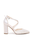 Brocade Wide Fit Wedding Heels – elegant ivory Wide Fit Wedding Shoes featuring delicate lace brocade detailing, a pointed toe, supportive ankle strap with adjustable buckle, and a sturdy block heel for comfortable bridal style.