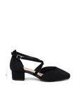 Geneva black microsuede court shoe with square toe, crossover straps and low block heel, side view