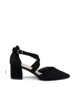 Florrie black microsuede extra wide fit court shoe with crossover ankle strap, side view