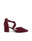 Florrie burgundy microsuede extra wide fit court shoe with crossover ankle strap, side view