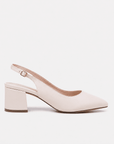 A single light beige slingback pump with a block heel and pointed toe, shown in profile against a plain white background.