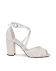 Alessia Wedding Sandals – elegant ivory Wedding Heels featuring delicate lace detailing on the toe strap, chic crisscross ankle straps with an adjustable buckle, and a sturdy block heel for stylish bridal comfort.