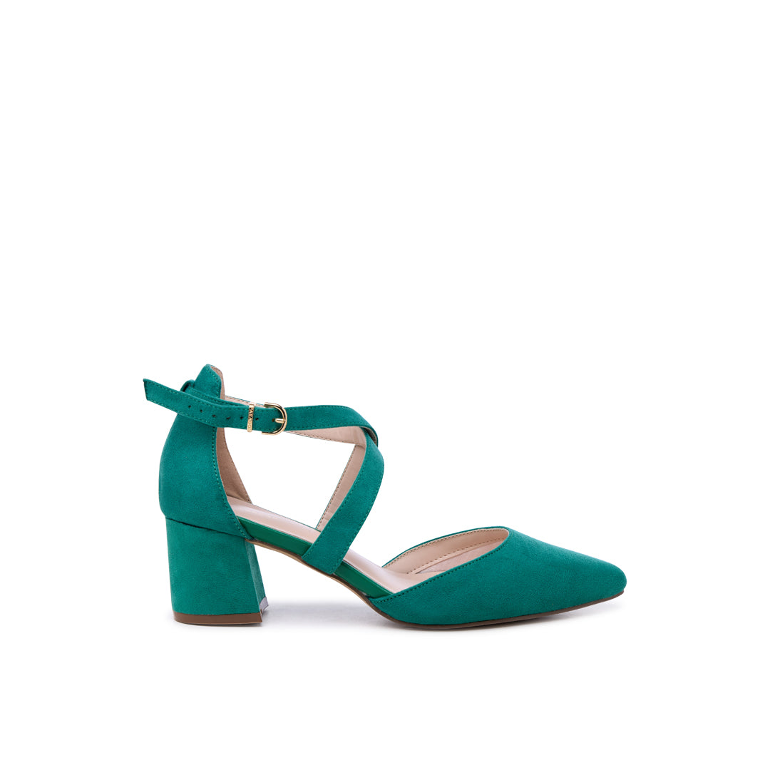 Ffion Green | Wide Fit Block Heel Cross Strap Court Shoes