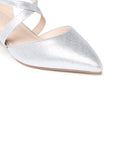 Close-up of the pointed toe and fine silver shimmer upper on the Fabienne court shoe