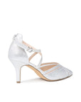 Faylinn silver shimmer court shoe with crossover ankle straps and 7cm stiletto heel, rear angled view