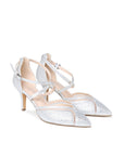 Pair of Faylinn silver wide fit stiletto heels with crossover straps, front angled view
