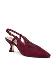 Burgundy microsuede court shoe with square toe and adjustable slingback strap, angled view