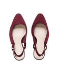 Pair of burgundy microsuede slingback shoes with square toes, top view