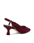 Fervora burgundy slingback heel with adjustable buckle and flared heel, rear angled view