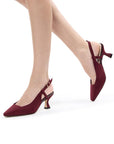 Model wearing Fervora burgundy wide fit block heels with square toes
