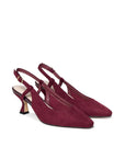 Pair of Fervora burgundy wide fit court shoes with flared block heels, angled view