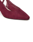 Close-up of the square toe and burgundy microsuede upper