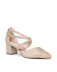 Champagne glitter block heel shoe with pointed toe and adjustable cross straps, angled view
