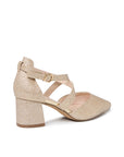 Filippa champagne glitter court shoe with cross straps and block heel, rear angled view