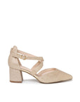 Filippa champagne wide fit court shoe with pointed toe, cross straps and 5.5cm block heel, side view