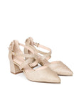 Pair of Filippa champagne wide fit heels with cross straps and block heels, angled view