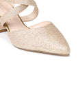 Close-up of the softly pointed toe and champagne glitter mesh upper