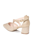 Close-up of the adjustable gold buckle, champagne glitter upper and block heel