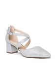 Silver glitter block heel shoe with pointed toe and adjustable cross straps, angled view