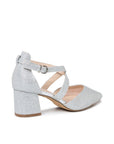 Filippa silver glitter court shoe with cross straps and block heel, rear angled view