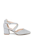 Filippa silver wide fit court shoe with pointed toe, cross straps and 5.5cm block heel, side view