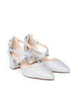 Pair of Filippa silver wide fit heels with cross straps and block heels, angled view
