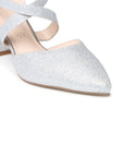 Close-up of the softly pointed toe and silver glitter mesh upper