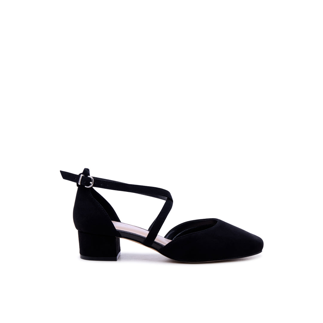Gemma Black | Wide Fit Cross Strap Low Heels | Paradox London