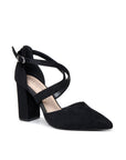 Black microsuede block heel court shoe with pointed toe and adjustable ankle strap, angled view
