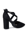 Gwendolyn black court shoe with cross straps and high block heel, rear angled view
