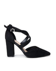 Gwendolyn black wide fit court shoe with pointed toe, cross straps and 8cm block heel, side view